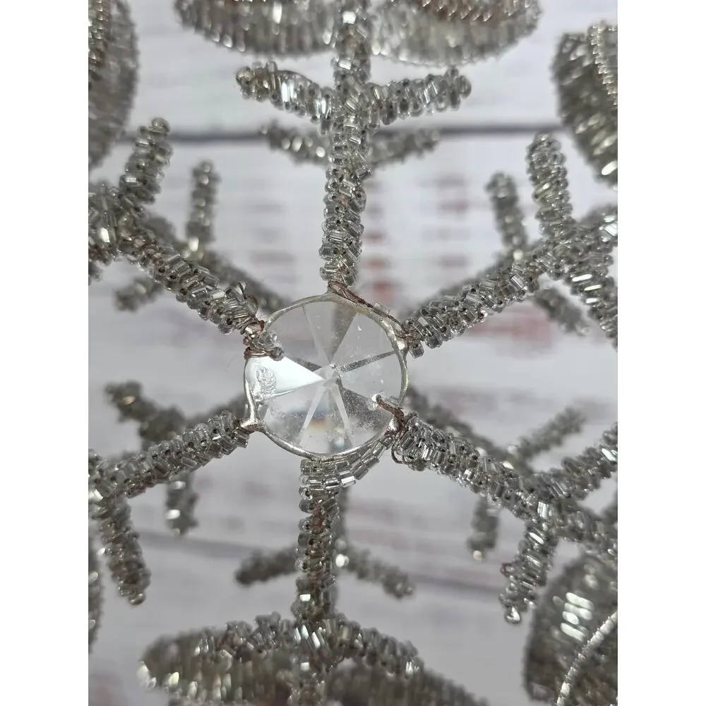 VTG Silver Beaded Metal Sparkle Star Snowflake Roud Tree Topper